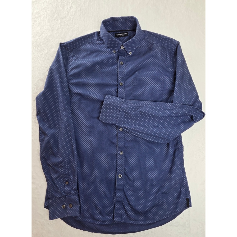 Kenneth Cole New York Mens Navy Blue Micro‎ Print Cotton Button Down Shirt M
